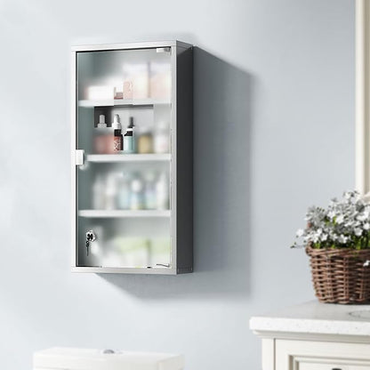 HOMCOM Wall Mounted Medicine Cabinet, Locking Wall Cabinet with 4 Tier Shelves, Stainless Steel Frame and Glass Door, Lockable with 2 Keys, Silver, 12" x 24"