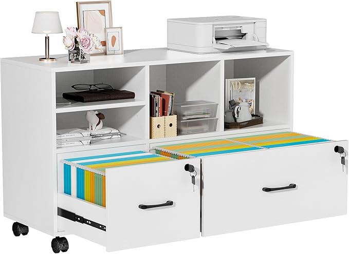 2 Drawer Wood Mobile Large Lateral File Cabinet, Lockable Rolling Filing Cabinet with Storage Shelves, Printer Stand Office Storage Cabinet for Home Office Fits Files Legal/A4, White