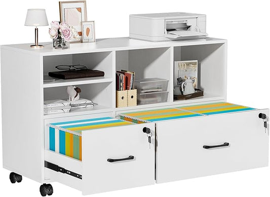 2 Drawer Wood Mobile Large Lateral File Cabinet, Lockable Rolling Filing Cabinet with Storage Shelves, Printer Stand Office Storage Cabinet for Home Office Fits Files Legal/A4, White