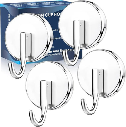 Suction Cup Hooks for Shower, Shower Hooks Mounting on Glass Doors, Tile, Mirrors, Metals,Hook for Hanging Towels, Robe, Loofah, Jackets-Chrome(4 Pack)