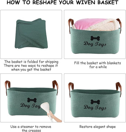 Geyecete X-Large Cotton Rope Dog Basket with Leather handle Blanket Storage Basket Decorative Clothes Hamper Basket | Extra Large Baskets for Blankets or Laundry-Geen