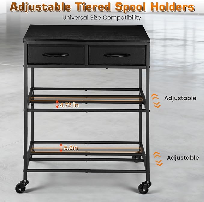 3D Printer Filament Storage Shelf with Drawers& Wheels, Black 2-Tier 3D Printer Filament Metal Stand with Storage, Adjustable Filaments Organzied Rack for Workshop Studio Office, 4 Leveling Feet