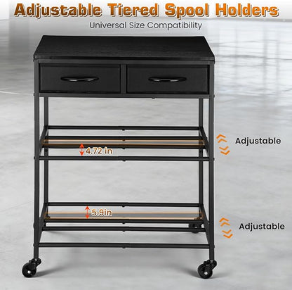 3D Printer Filament Storage Shelf with Drawers& Wheels, Black 2-Tier 3D Printer Filament Metal Stand with Storage, Adjustable Filaments Organzied Rack for Workshop Studio Office, 4 Leveling Feet