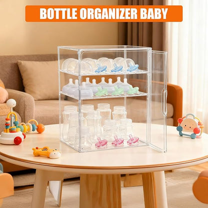 YESGIRL 3-Tier Clear Baby Bottle Organizer,Clear Stackable Acrylic Storage With Drawer for Countertop Cabine Storage Station Case Box Container for Nipples Pump Parts Food Jars