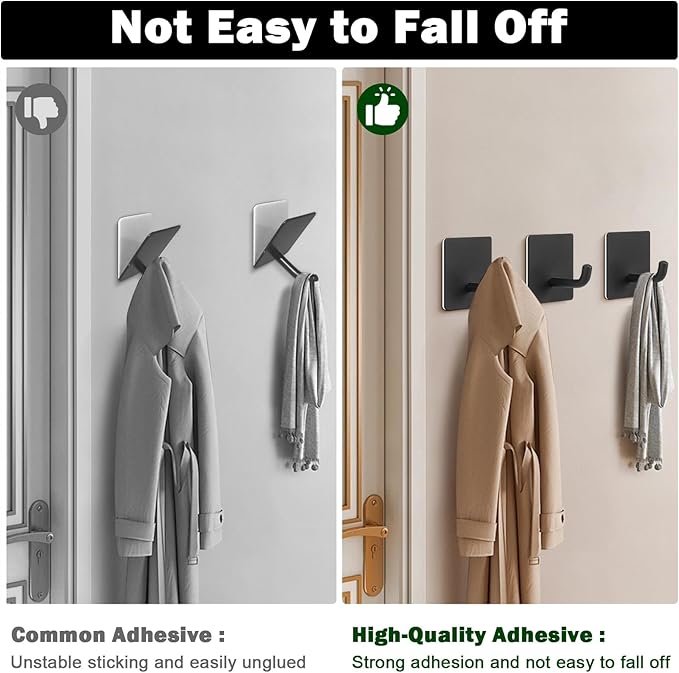 Livabber Adhesive Towel Hooks, 304 Stainless Steel Self Sticky Wall Hooks Waterproof Shower Hooks for Robe/Clothes, No Drilling Towel Hangers for Bathroom Kitchen Bedroom (Black, 10 Packs)