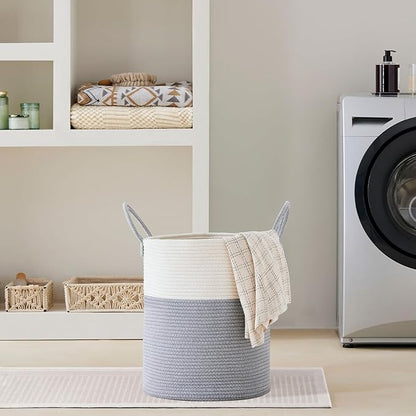 VIPOSCO Large Laundry Hamper, Tall Woven Rope Storage Basket for Blanket, Toys, Dirty Clothes in Living Room, Bathroom, Bedroom - 53L Grey & White