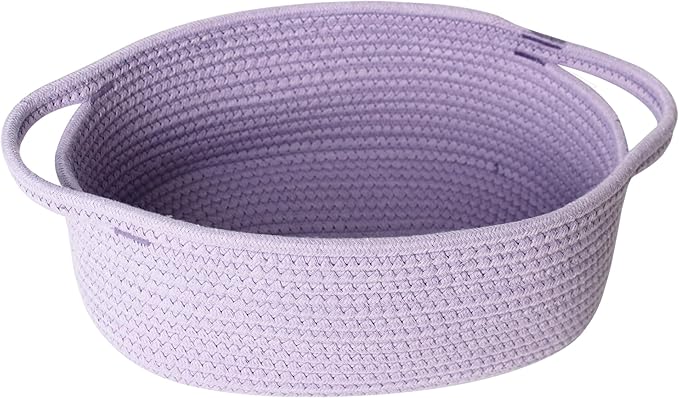 Small Woven Gift Basket, Baskets for Gifts Empty, Cotton Rope Cat Dog Toy Bin Box, Nursery Baby Basket, Wicker Basket with Handles, Shelf Storage Basket for Home Decor, Purple, 12"x 8"x 5"