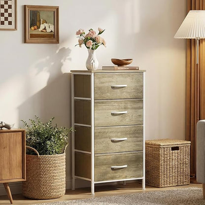 Sweetcrispy Nightstand Small Bedroom Dresser with 4 Fabric Drawers,Bed Side Furniture End Table,Wooden Top Cabinet Night Stand Dresser for Closet,Entryway,Dorm,Oak Greige