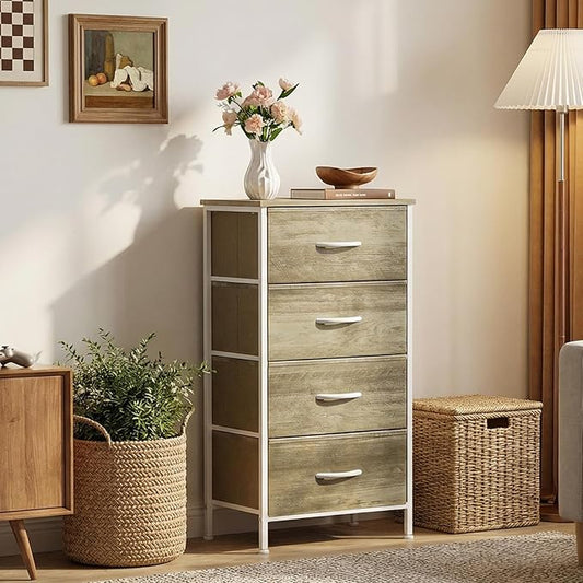 Sweetcrispy Nightstand Small Bedroom Dresser with 4 Fabric Drawers,Bed Side Furniture End Table,Wooden Top Cabinet Night Stand Dresser for Closet,Entryway,Dorm,Oak Greige