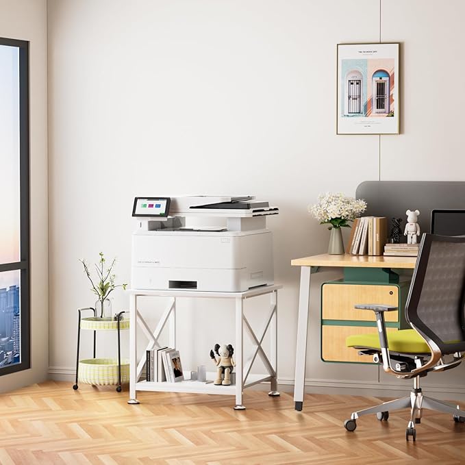 Printer Stand, 23.6 x 23.6 Inches Large Printer Stand with Storage Shelf, 2 Tier Printer Table for Home Office, Rolling Printer Cart with Industrial Wheels, Mini Fridge Stand Table, White