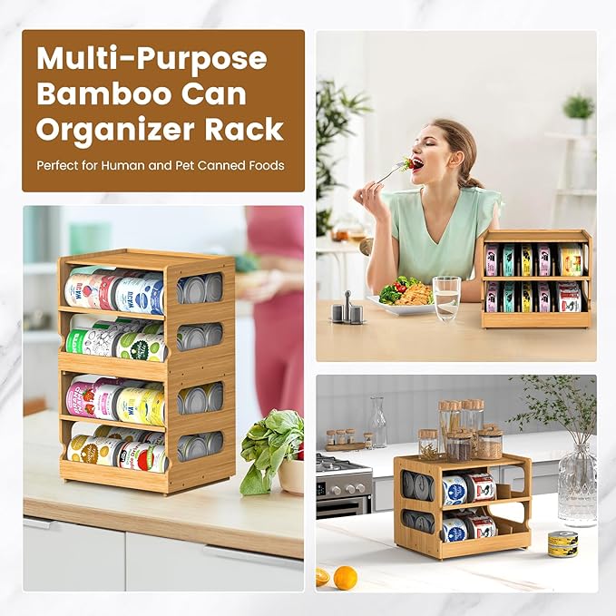 Teamkio Canned Cat Food Organizer, Bamboo Can Organizer for Pantry, 2 Tier Stackable Can Storage Rack Ideal for 36 Cans Wet Cat Food Organizer (FIFO)