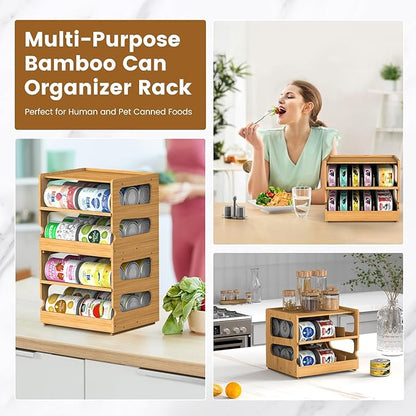Teamkio Canned Cat Food Organizer, Bamboo Can Organizer for Pantry, 2 Tier Stackable Can Storage Rack Ideal for 36 Cans Wet Cat Food Organizer (FIFO)