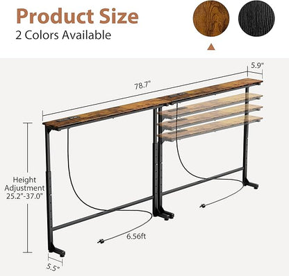 GRLEAF 2 Pack Adjustable Height Narrow Console Table with Power Outlets, 78.7" Long Sofa Table with Charging Station Behind Couch Table Entryway Table for Living Room and Hallway – Rustic Brown