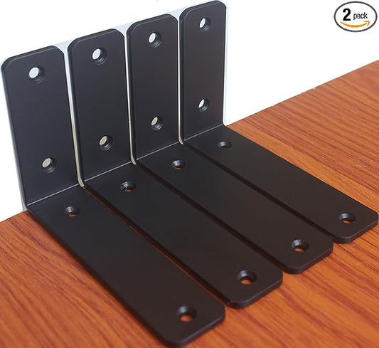 2 Pack - L 6" x H 4" x W1.5, 5mm Thick Black L Shelf Bracket, Iron Shelf Brackets, Metal Shelf Brackets, Floating Shelf, Shelf Supports with Screws