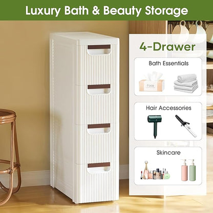 4 Drawers Narrow Storage Cabinet, Slim Bathroom Storage Cabinet, Plastic Rolling Cart Organizer for Small Spaces, Laundry, Office, Home,White