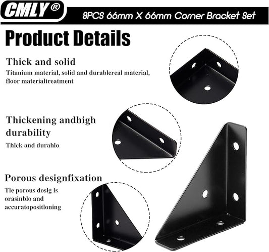 Black 8Pcs 66mm Triangle Shelf Brackets - Corner Desk Connectors for Wood, Metal, Cabinet