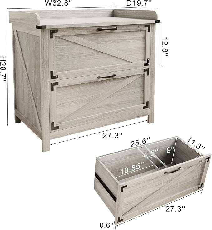 2 Drawer File Cabinet with Lock, Modern Farmhouse Filing Cabinet for Letter Files, Large Wood File Cabinets for Home Office (Grey)