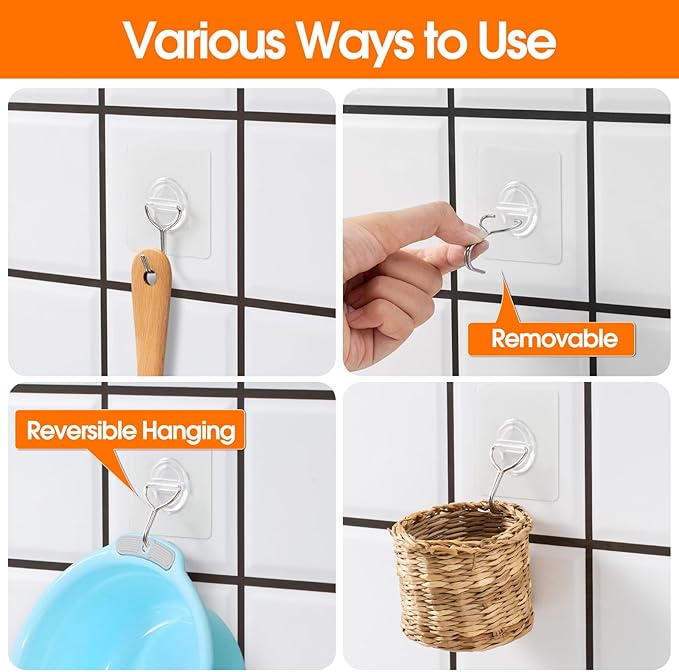 48 Pack Heavy Duty Adhesive Wall Hooks for Hanging - 33lb Max, Transparent Waterproof Rustproof Self Adhesive Hooks for Bathroom, Shower, Kitchen, Outdoor and Home