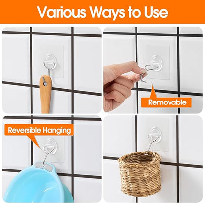48 Pack Heavy Duty Adhesive Wall Hooks for Hanging - 33lb Max, Transparent Waterproof Rustproof Self Adhesive Hooks for Bathroom, Shower, Kitchen, Outdoor and Home