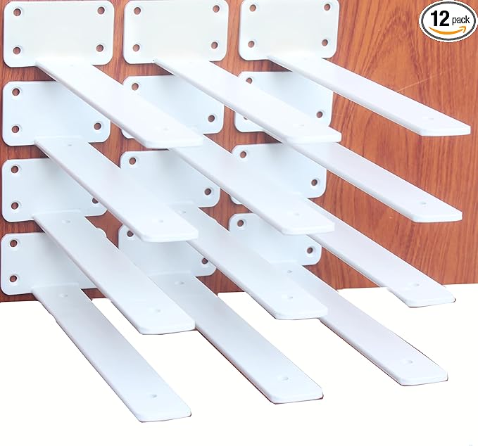 12 Pack - 8 inch White Hidden L Shelf Bracket (1/5 Inch Thicked) Iron Floating Shelf Brackets Rustic Industrial Metal Brackets for Shelf Support