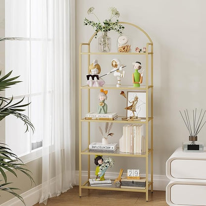 Bookcase Bookshelf, Tempered Glass Bookshelves, Slim Shelving Unit for Bedroom, Bathroom, Home Office, Steel Frame, 5 Tier Gold BC21599G