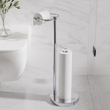 Toilet Paper Holder Stand, Post Pivoting Design Free Standing Toilet Paper Holder with Storage for 4 Rolls, SUS304 Stainless Steel Tissue Holder with Reserve, Heavy-Duty Base (Chrome)