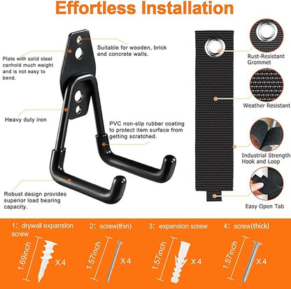 Heavy Duty Garage Hooks 4 Pack, 7.7 inch U Shaped Long Hanger, with 2 Extension Cord Holder Organizer, Wall Mounted Storage System, for Power and Garden Tool Hanging， Ladders, Bikes, Hose