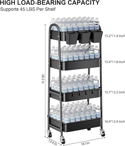 Black 4 Tier Rolling Cart Metal with Lockable Wheels, Four Tiered Tall Storage Rolling Cart on Wheels, Heavy Duty Utility Organizer Carts for Laundry, Kitchen, Dorm, Craft, Art, Snack,Mesh Basket,38in