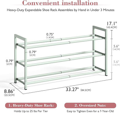 Bumusty 3-Tier Expandable Shoe Rack for Closet, 18“-33” Adjustable Shoe Rack for Small Space, Small Shoe Organizer for Front Door, Sturdy Metal, Green