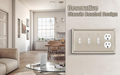 Henne Bery Sunken Pearls Heavy Duty Decorative Wall Plate Switch Plate Outlet Cover (Triple Toggle/Single Duplex, Satin Nickel)