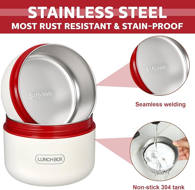 Dandat 4 Pcs Insulated Bento Box Portable Stainless Steel Food Container Round Stackable Leakproof Thermal Food Container for Adult Men Women with Insulated Bag, 74 oz(Red)