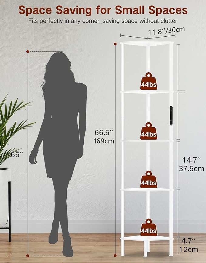 5 Tier Corner Bookshelf with LED Light, Touch & Remote Control, Dimmable Narrow Display Shelf with 3 Color Temperature, 1-Hour Timer, Display Shelves for Living Room, Bedroom