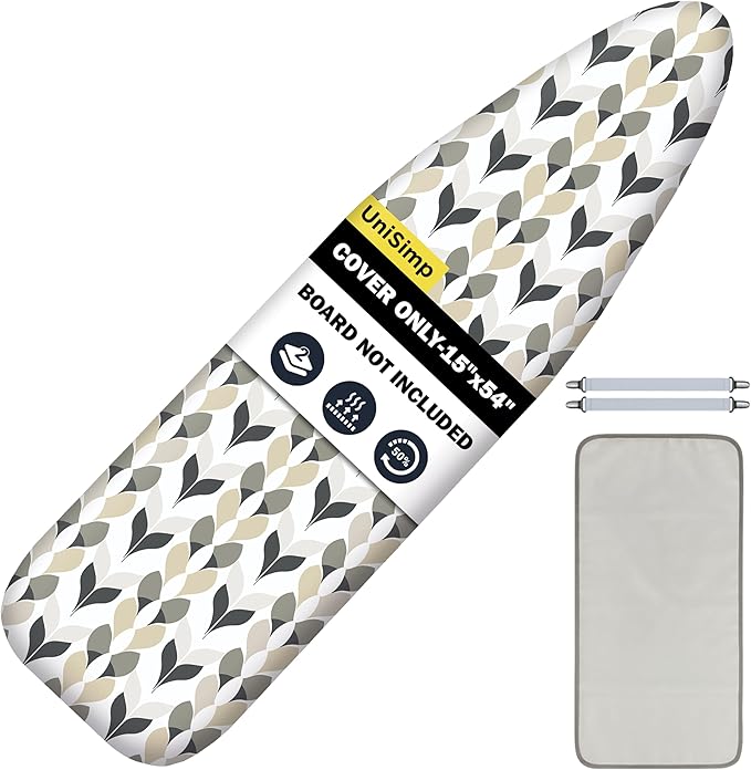 Ironing Board Cover and Pad 15"x54" Extra Thick Natural Cotton, Scorch and Stain Resistant Padding, Standard Size Iron Board Cover with Fasteners Heavy Duty Elastic Edge, Heatproof Foliage