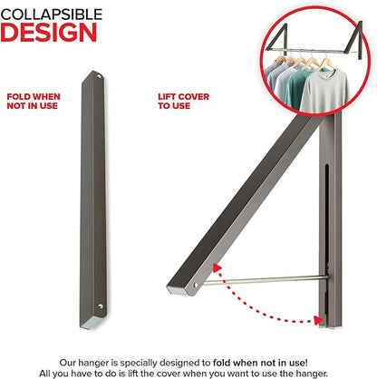Double Foldable Clothing Rack w/ Extension Rod, Wall-Mounted Retractable Clothes Hanger for Laundry Dryer Room, Hanging Drying Rod, Small Collapsible Folding Garment Racks, Dorm Accessories (Gray)