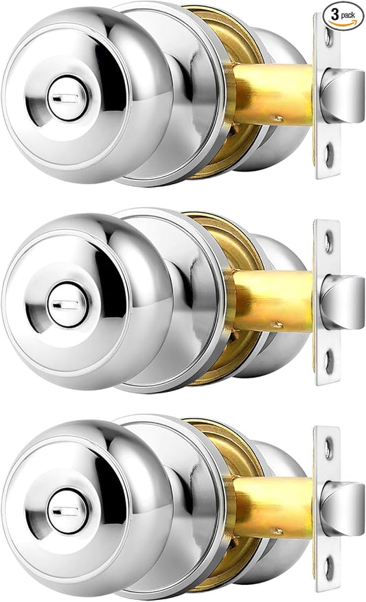 Probrico Polished Chrome Privacy Door Knobs, Interior Door Lock for Bathroom Bedroom, Keyless Round Ball Knob Handle, Thumb-Turn Locking, 3 Pack