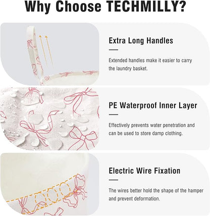 TECHMILLY Large Storage Basket for Girls and Boys, Collapsible Laundry Hamper with Long Handles, Toy Bins for Nursery, Kids Room Décor (Bowknot)