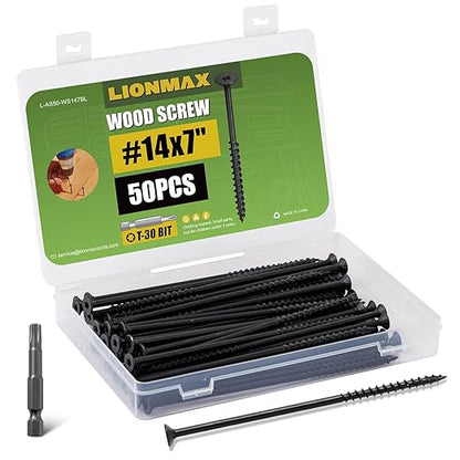 LIONMAX Deck Screws #14 x 7 Inch, 50 PCS, Black Long Wood Screw, Rust Resistant, Exterior Epoxy Coated for Outdoor Decking, Torx/Star Drive Head, T30 Star Bit Included