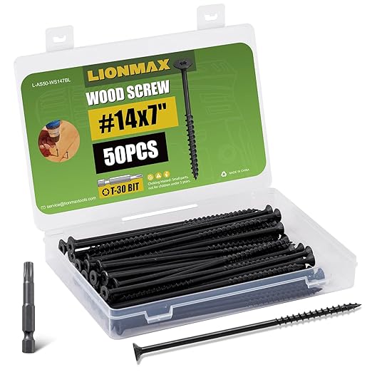 LIONMAX Deck Screws #14 x 7 Inch, 50 PCS, Black Long Wood Screw, Rust Resistant, Exterior Epoxy Coated for Outdoor Decking, Torx/Star Drive Head, T30 Star Bit Included