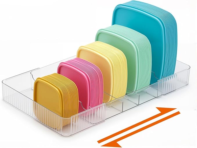 Junkin Expandable Lid Organizer for Cabinet – Clear Adjustable Food Container Lid Holder (10.6–18”) Plastic Storage Rack for Pantry Drawer & Kitchen Organization