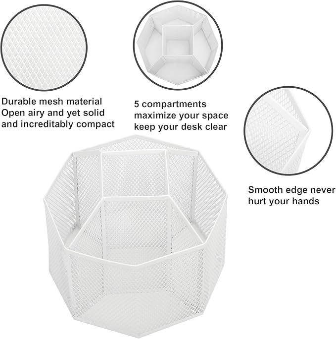 Annova Mesh Desk Organizer Rotate with 5 Compartments Spinning Tidy Candy/Pen Holder Office, Art Supply, Storage, Classroom, Home (White)
