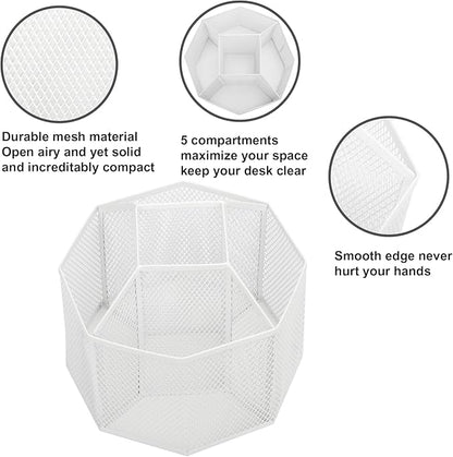 Annova Mesh Desk Organizer Rotate with 5 Compartments Spinning Tidy Candy/Pen Holder Office, Art Supply, Storage, Classroom, Home (White)