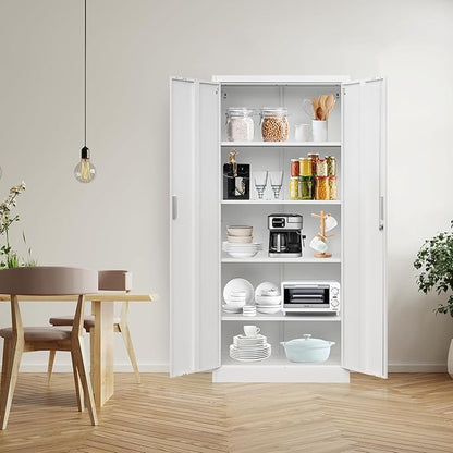 Metal Storage Cabinet, 71”H Locking Storage Cabinet with 5 Adjustable Shelves, Steel Cabinets for Garage, Home, Office, Pantry (White)