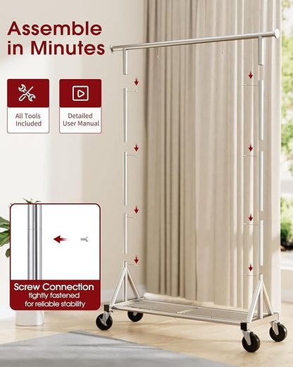 Stainless Steel Rolling Clothes Rack with Mesh Shelf, Lockable Wheels & Anti-Slip Stoppers, Freestanding Clothing Organizer for Bedroom, Laundry Room, 42.5" x 16.5" x 65.9", Silver