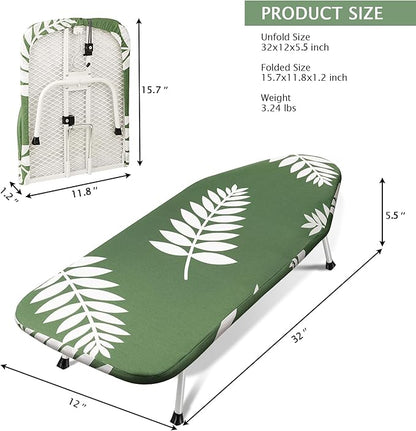 SheeChung Tabletop Ironing Board 12"x32",Small Ironing Boards with Heat Resistant Cover Pad,Portable Tabletop Ironing Board with Non-Slip Feet,Mini Folding Iron Board for Household Laundry,Green Leaf