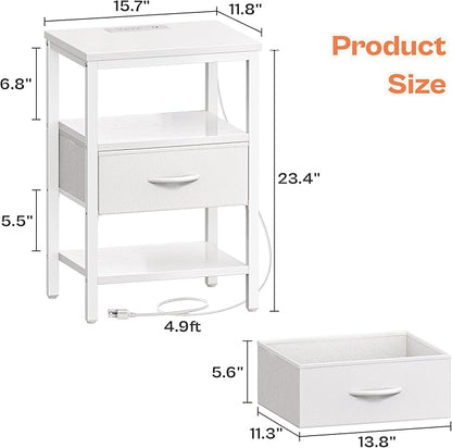 SUPERJARE Nightstand with Charging Station, Bed Side Table with Adjustable Fabric Drawer, Night Stand for Bedroom, 3-Tier Storage End Table, for Living Room, White