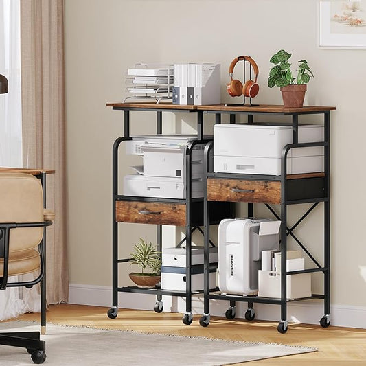 Tall Printer Stand, 3 Tier Printer Cart with Storage, Industrial Printer Table on Wheels, Adjustable Shelf & Fabric Drawer, for Home Office Study Rustic Brown PTHR5401