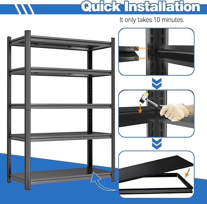 72"H Storage Shelves Heavy Duty Garage Shelving 3000LBS Adjustable Metal Shelving 5 Tier Shelving Unit Storage Rack and Shelving for Basement, Warehouse, Pantry, Closet, Kitchen 39.4"W × 15.7"D × 72"H