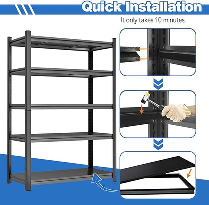 78"H Storage Shelves Heavy Duty Garage Shelving 3000LBS 5 Tier Adjustable Metal Shelving Unit Storage Rack for Basement, Warehouse, Pantry, Closet, Kitchen 39.4" W × 17.7" D × 78" H, Black