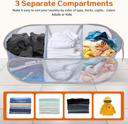 Durable Collapsible Foldable Pop Up Laundry Hamper, Sturdy 3 Compartments, Handy Pocket & Easy to Sort Clothes Hampers for Dorm, Kids Room, Travel - Grey