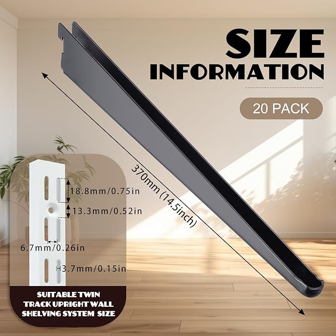 20 Pcs Adjustable Shelf Brackets for Double Track System Closet Organization Heavy Duty Wire Shelf Brackets(Black,14.5 Inch)
